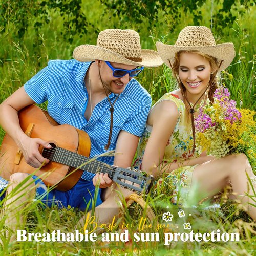 Newcotte 9 Pack Straw Cowboy Hats for Women Western Cowgirl Beach Sun Hat Bulk with Windproof Rope for Party Travel(Beige)