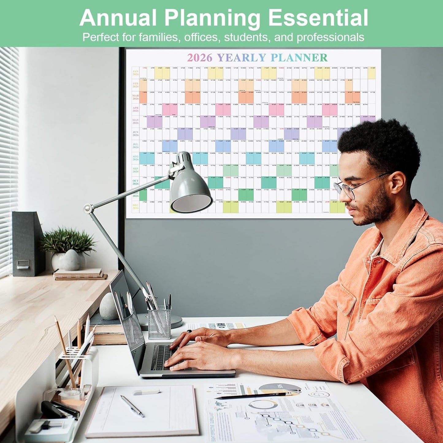 24" x 36" Exellewis 2026 Wall Calendar, Folded Large Paper Yearly Planner 12 Months, January to December 2026, 2-Sided Reversible Horizontal/Vertical School Office Business Year Calendar