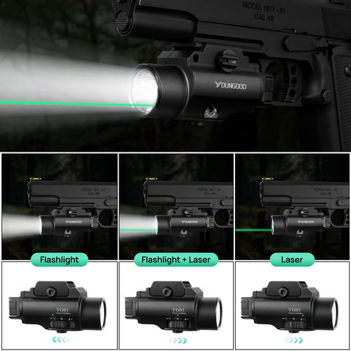 YOUNGOOD 2500 High Lumens Pistol Laser Light Combo, Tactical LED Flashlight, Adjustable Picatinny Rail Mount Airsoft Handgun Green Laser Weapon Llights, Type-C Rechargeable SIG Gun Flashlights