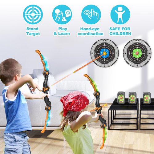 SpringFlower Bow and Arrow Toys for Kids 5 6 7 8 9 10+ Years Old,2 Bow and Arrow Sets with LED Light-up,Archery Set with 2 Round Targets and 3 Target cans for Boys & Girl, Ideal Gift for Kids