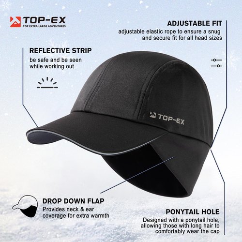 TOP-EX M/L/XL Waterproof Baseball Cap for Men with Ear Muffs Running Beanie with Ponytail Hole Reflective Winter Hat Cold Weather Fleece Lining Hat Black Big