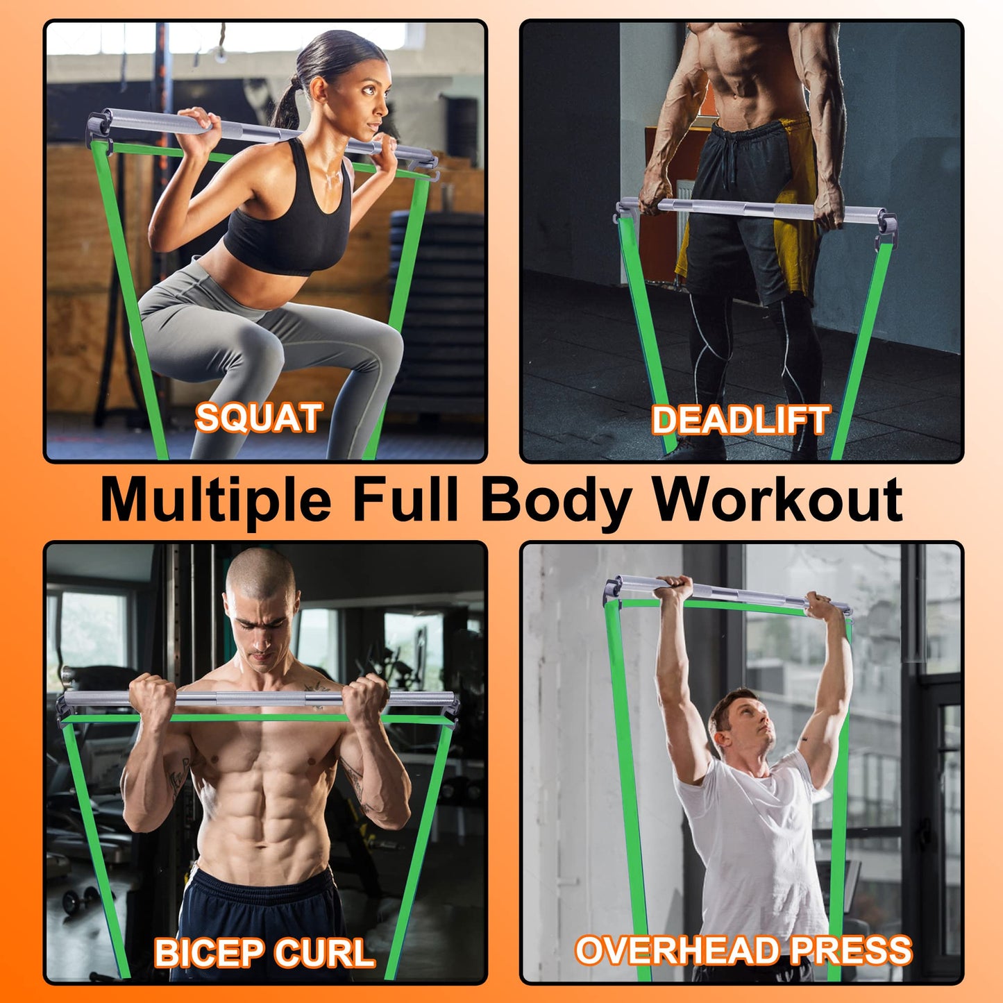 J Bryant Fitness Heavy-Duty Resistance Band Bar with 2 Resistance Bands, E-Shaped Hook Design, 500lb Load Capacity, Anti-Slip Surface, Carry Bag Included, for Strength Training and Fitness