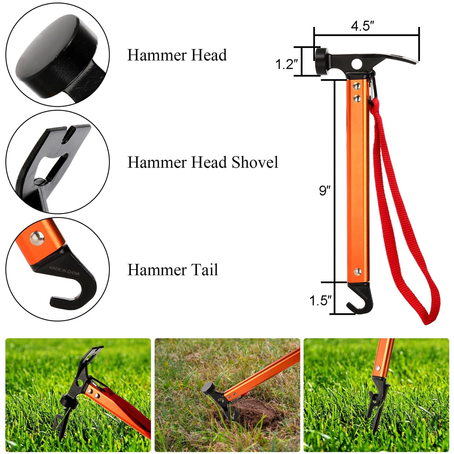 Suwimut Tent Stakes, 6 Pieces 12 Inch Heavy Duty Metal Tent Stakes with Hammer, 4x13ft Reflective Ropes and Storage Bag, Outdoor Camping Accessories Kit Pegs Aluminum Mallet for Hiking, Backpacking
