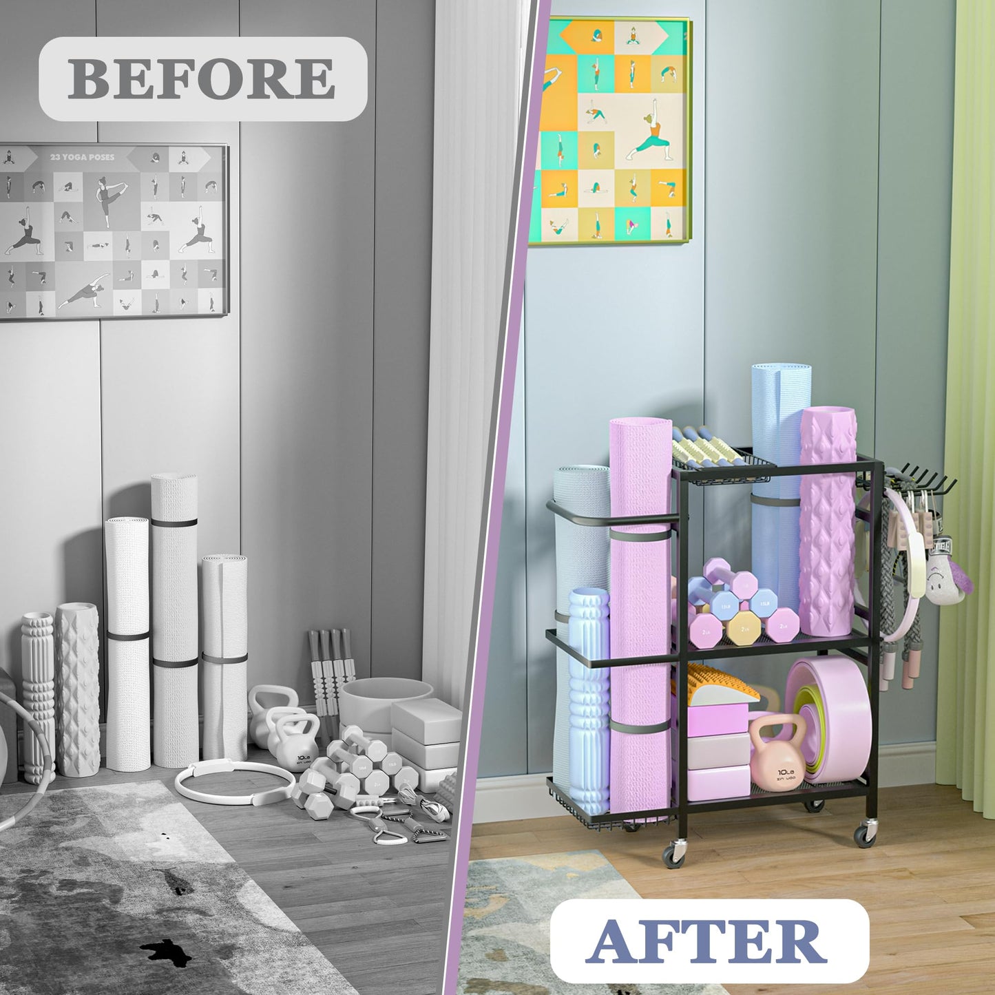 Home Gym Storage Rack, 3 Tier Yoga Mat Storage Rack with Wheel for Yoga Lover, Exercise Equipment and Workout Equipment Organizer, Yoga Mat Holder for Yoga Mats, Foam Roller and Dumbbells(Black)