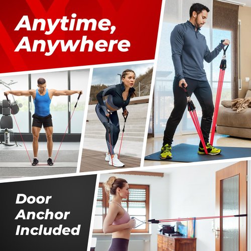Tube Resistance Bands, 5 Exercise Bands, 10–50 lb, Tough Exercise Equipment Made of Durubbex, Resistance Bands for Working Out w/Ankle Straps & Door Anchor, Fitness & Workout Equipment
