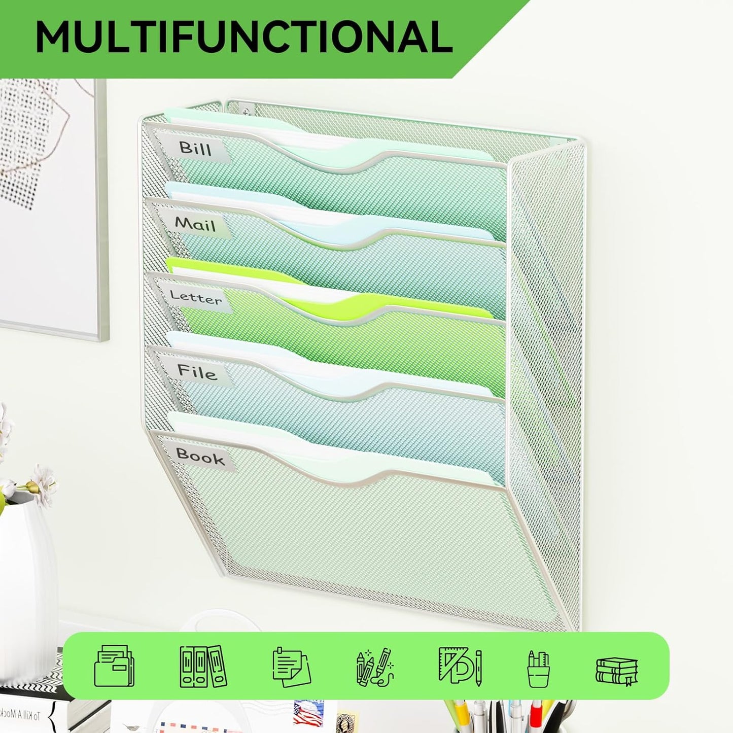 5 Pockets Mesh Hanging Wall File Holder Organizer Wall Mounted Paper Magazine Rack, Black