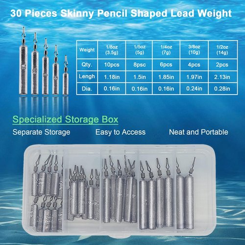LadFath 30pcs Fishing Weights Sinkers Kit, Drop Shot Weights & Fishing Sinker Assortment, Lead Fishing Weights with Barrel Swivels, Snag-Free Pencil Sinkers for Bass, Catfish in Freshwater Saltwater