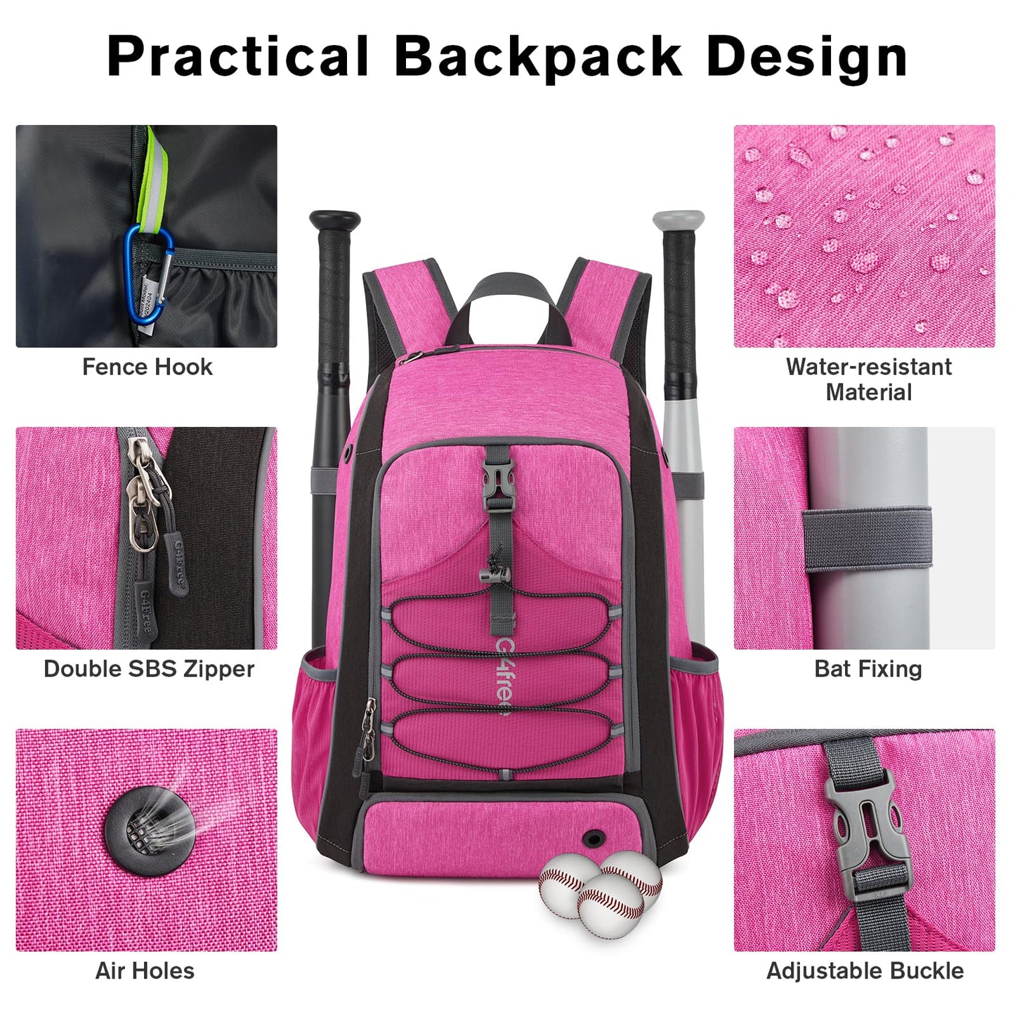 G4Free Baseball Bag for Youth Adults, Softball Backpack with Shoe Compartment, Large Bat Backpack with Fence Hook, Lightweight T-ball Gear Bag