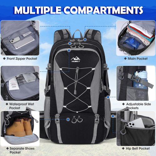 NUBILY 50L Hiking Backpack Waterproof Camping Backpack for Men Women with Rain Cover Lightweight Hiking Daypack Outdoor Travel Dackpack