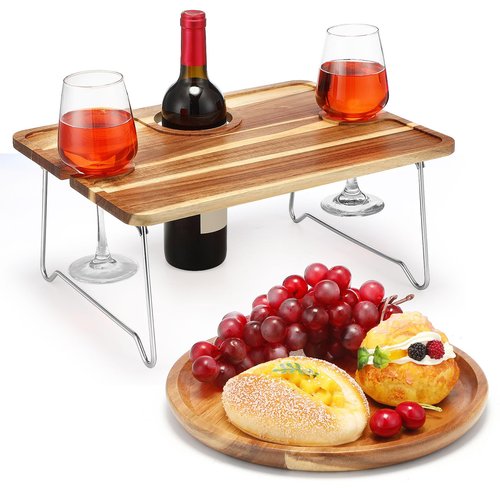 Willinglong Picnic Foldable Wine Table with Natural Wood Plate Kit, Handmade Handle Portable Tray Table with Food Plate for 2 Outdoor Camping Picnic Wine Set Gift for Couples (Dark Color)