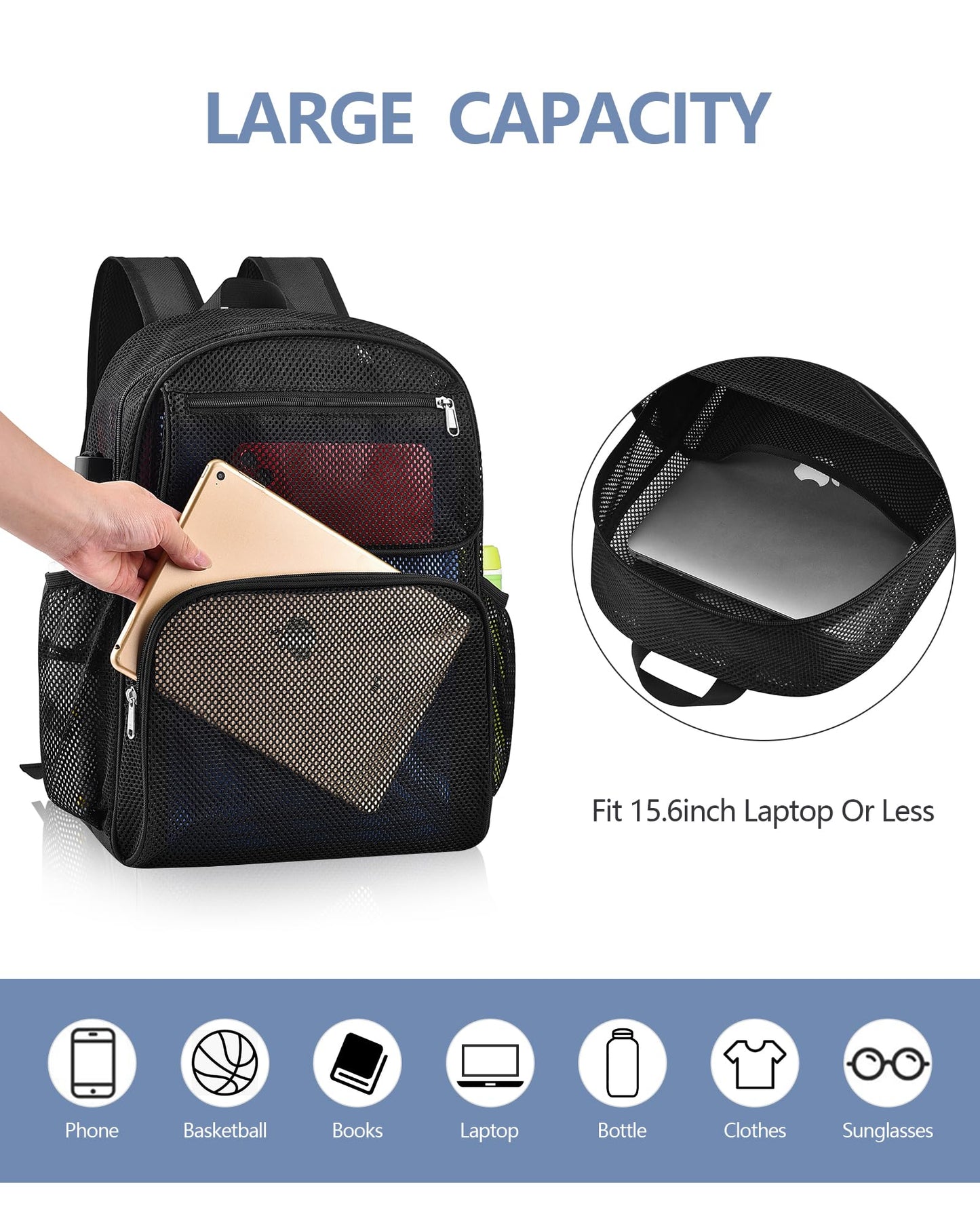 Lyingflat Mesh Backpack with Inner Compartment, Large Heavy Duty Mesh Bookbag with Padded Shoulder Straps for Travel Swimming Hiking Beach - Black