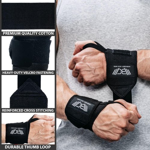 WARM BODY COLD MIND - Weightlifting Wrist Wraps for Cross Training, Powerlifting, Deadlift, Gym, Workout, Exercises & Fitness, Premium, Heavy-Duty Wrist Support, Thumb Loop (12" Black)