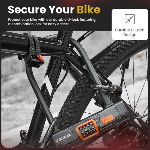 Luxuriaz Heavy Duty Bike Lock with 5ft Steel Cable, 4-Digit Resettable Combination U-Lock, Durable Cable Lock for Secure U Lock Bike Protection