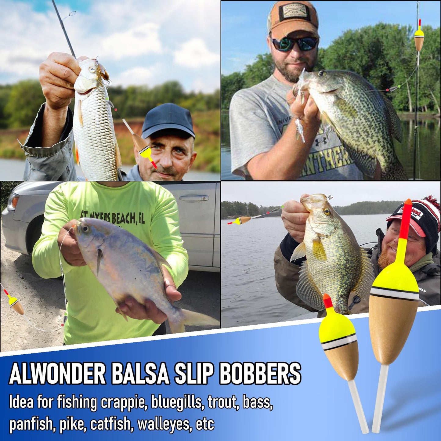 Alwonder 4-Pack Bobbers for Fishing, Buoyant Balsa Wood Body Slip Bobbers Floats, Oval High Sensitive Slip Bobber for Fishing Crappie Bluegills Trout Bass Panfish Catfish Walleyes 2.2"