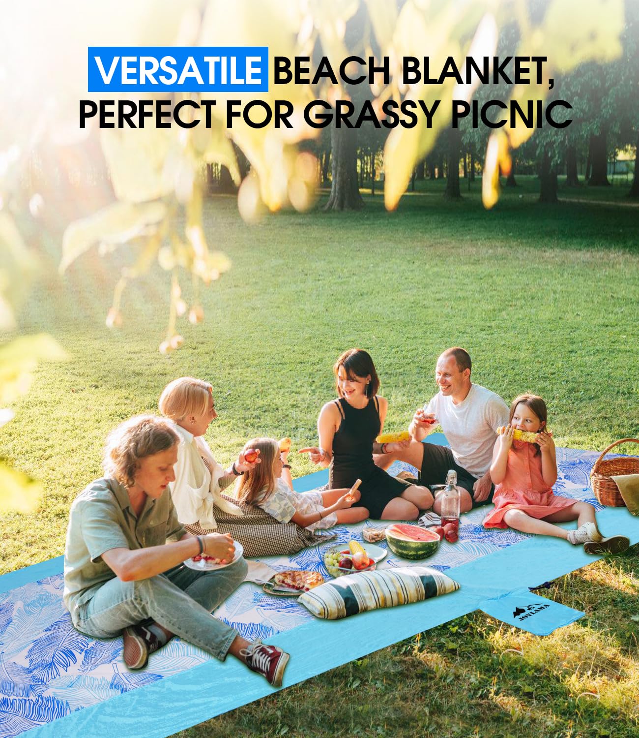JOYLAMA Beach Blanket Sandproof，Waterproof Beach Mat for Kid Pool, Outdoor Blanket for Beach, Vacation, Picnic Bkanket with Portable Bag, 4 Stakes & 3 Water Bag for 1-5 People(Large)