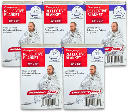 [5 Pack] Thermal Reflective Emergency Blanket 52”x84” | Emergency Mylar Blankets | Survival Blanket for Survival Supplies | Camping, Hiking, or Emergencies