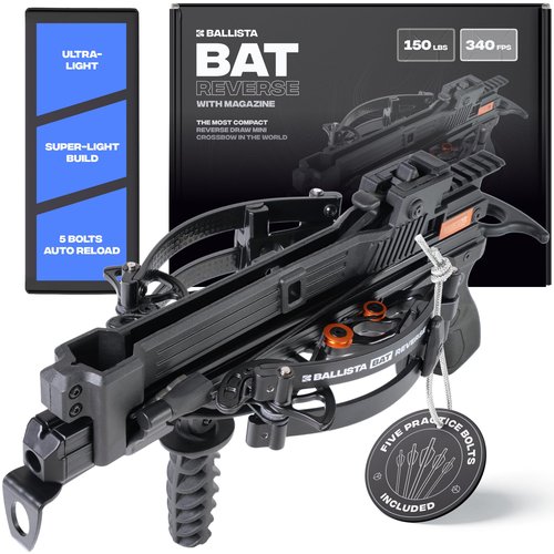 BALLISTA BAT Reverse Draw Compound Mini Crossbow with Magazine - Small Crossbow for Hunting and Target - Fast 340 fps, Powerful 150 lbs, Lightweight 3.44 lbs