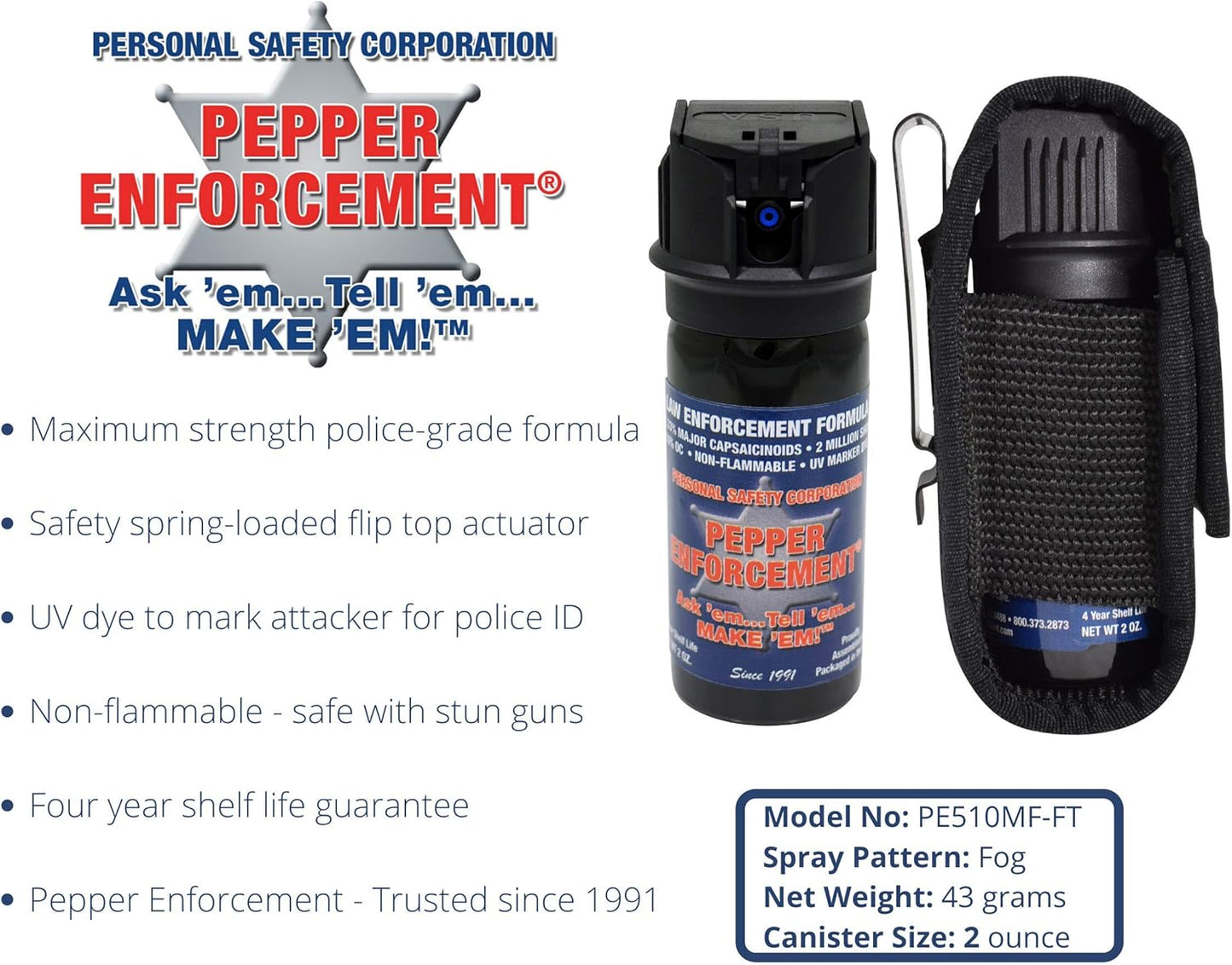 2 oz. Fogger Pepper Spray with Metal Clip Holster - 10% OC Powerful Military Strength Formula, Marking Dye, Flip Top Safety Trigger for Quick and Accurate Aim, Personal Protection
