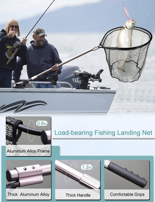 Avlcoaky Rubber Saltwater Fishing Net Large Fishing Landing Fishing Net with Telescoping Handle Kayak Fishing Nets Trout Salmon Fish Net with Bag Extend 70 to 94inch Net Depth 27.5inch