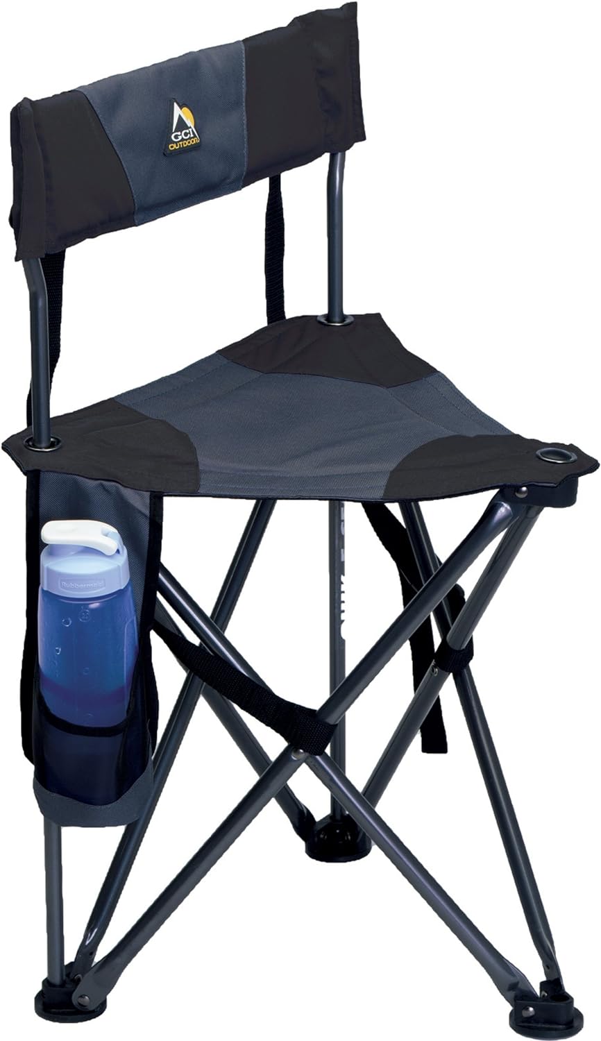 GCI Outdoor Quik-E-Seat | Portable, Folding Tripod Chair with Drink Holder and Padded Lumbar Support — Black