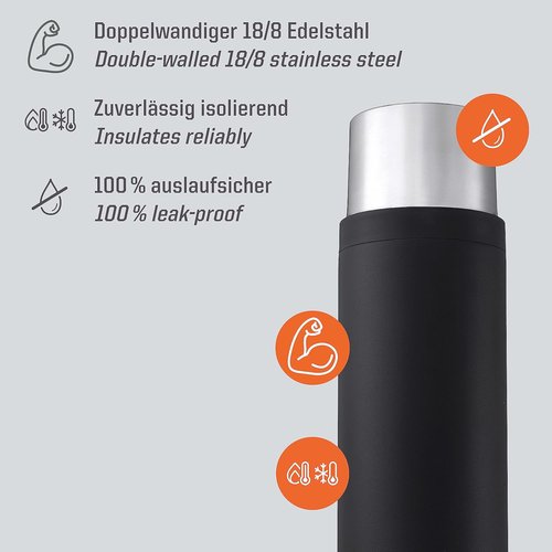 Esbit Sculptor Thermal Flask - Insulated Stainless Steel Bottle for Hot and Cold Drinks - 1000ml in Black with Cuff
