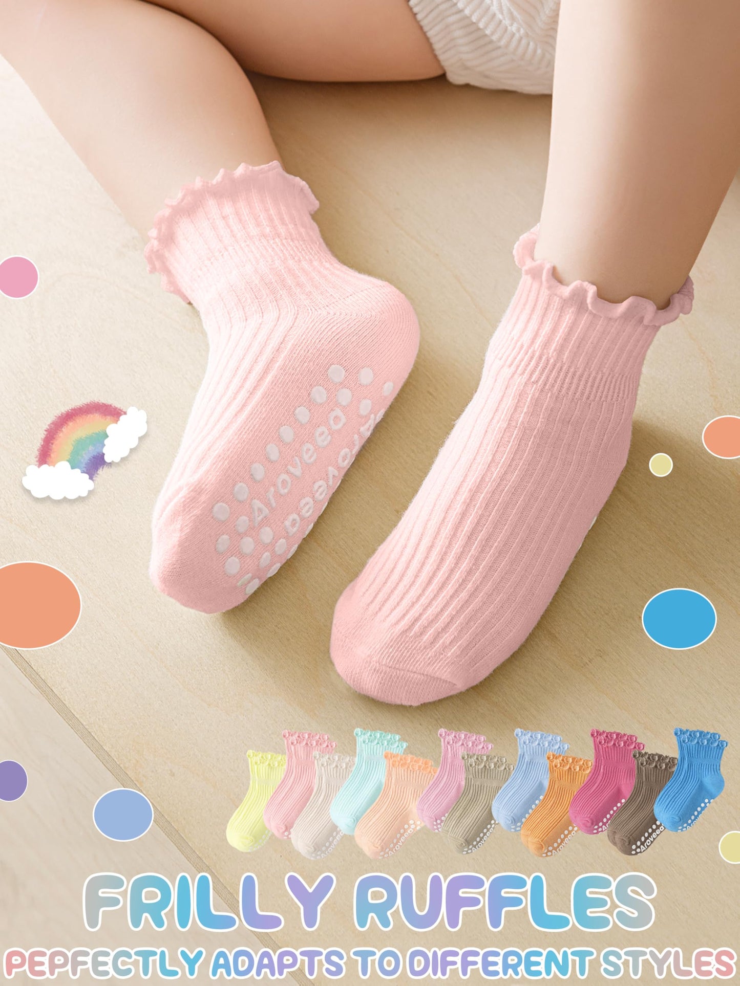 Aroveea Baby Toddler Girls Socks Grip Ruffle Non Slip Girls Cotton 12 Pack Socks for 6-12Months Kids Cute Ankle 6M-7Years