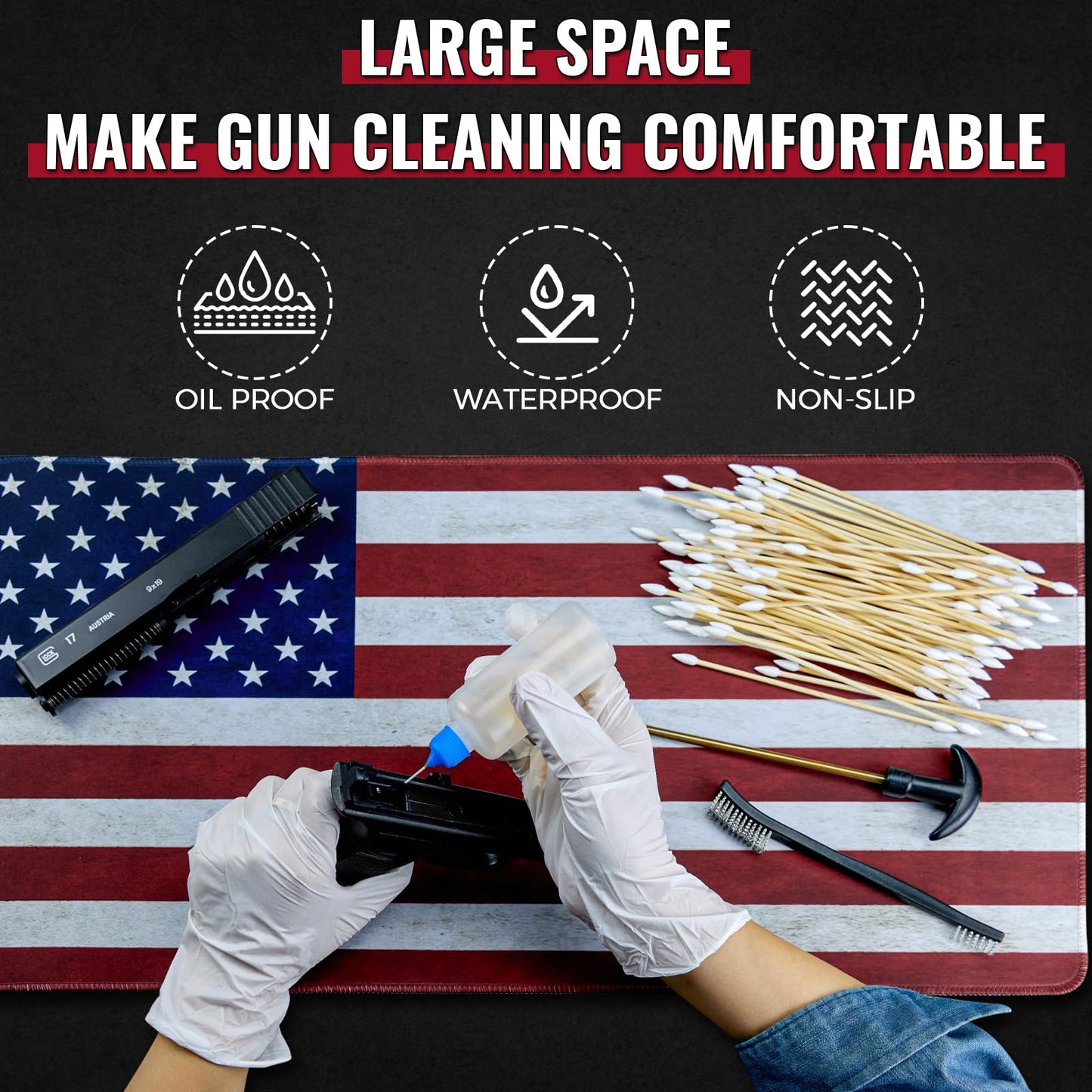 24"x12" Pistol Cleaning Mat and 100PCS 6" Cleaning Swabs - Cleaning Mat with Stitched Edges, Oil Resistant, Non-Slip Mat for All Handguns - Large Mats Cleaning Kit