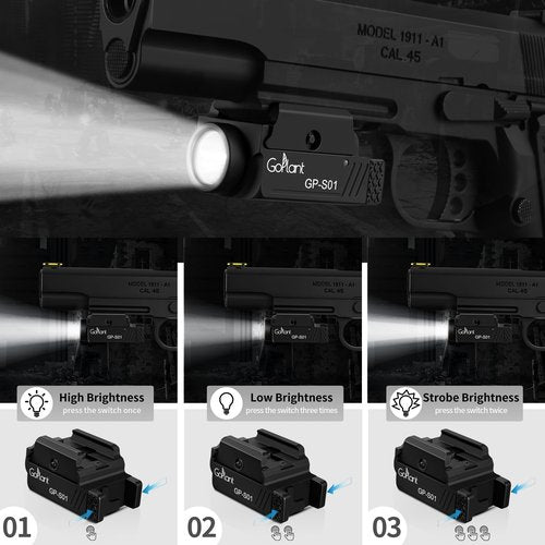 GOPLANT 1350 Lumens Compact Weapon Light Flashlight, Only LED Light Without Laser Aircraft Grade Aluminum Subcompact Pistol Light, Adjustable Rail-Mounted Handgun Light, Type-C Rechargeable (GP-S01)