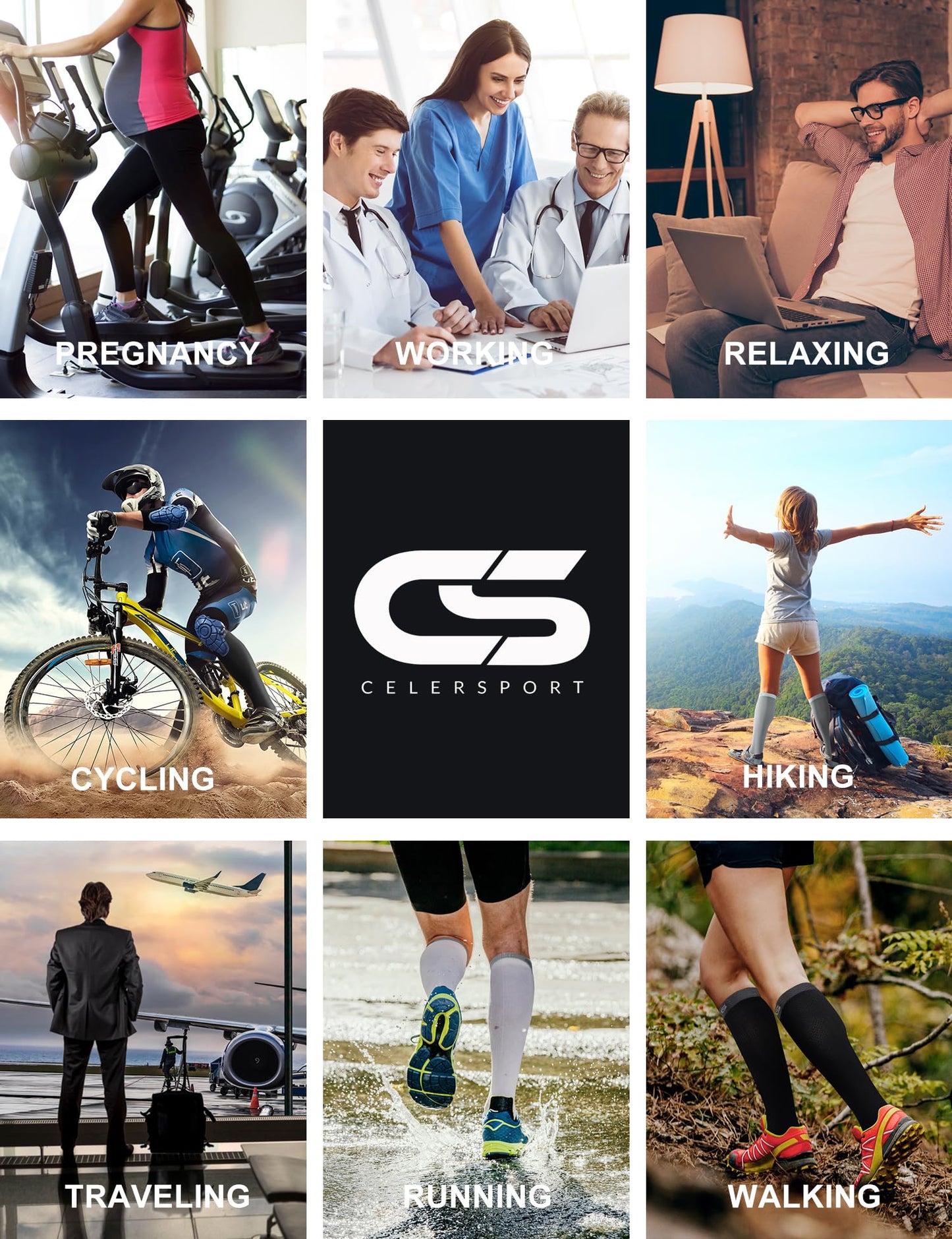 CS CELERSPORT Compression Socks for Men and Women 20-30mmHg Circulation Socks 3 Pairs for Running, Travel, Shin Splints, Nurse, Black+White+Black, Small/Medium