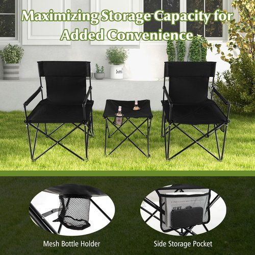 Tangkula 3 Piece Camping Chairs with Table, Portable Folding Lawn Chair with Side Table, Carrying Bag, Side Storage Pocket, 2 Cup Holders, Outdoor Beach Chair Set for Backpacking Travel Camp