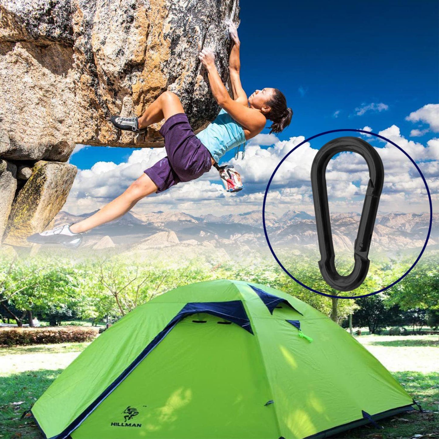 50Pack Carabiner Clips Heavy Duty, 3.2” Large Spring Snap Hooks Bulk, Galvanized Black Carabiners for Camping, Solid Spring Clips for Home Gym Hanging Hammocks Swing Hiking-500lbs Holding Capacity