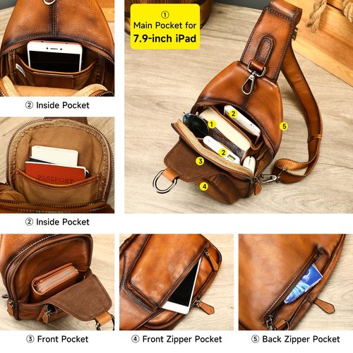 Womens Vintage Leather Sling Bag Crossbody Bag for Women with Metal Buckle, Adjustable Leather Shoulder Strap
