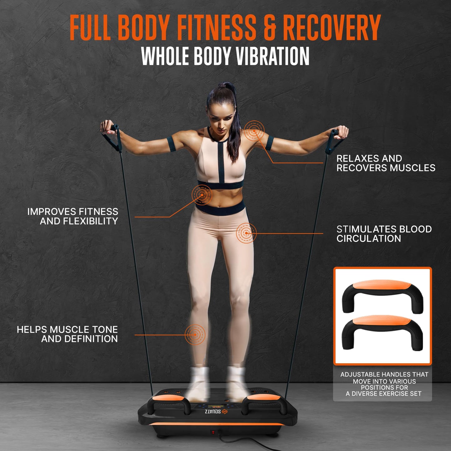 SQUATZ Vibration Plate Exercise Machine Set - Standing Vibrating Platform for Pain Relief, Lymphatic Drainage and Weight Loss - Board Includes 5pcs. Resistance Bands and Pilates Rod