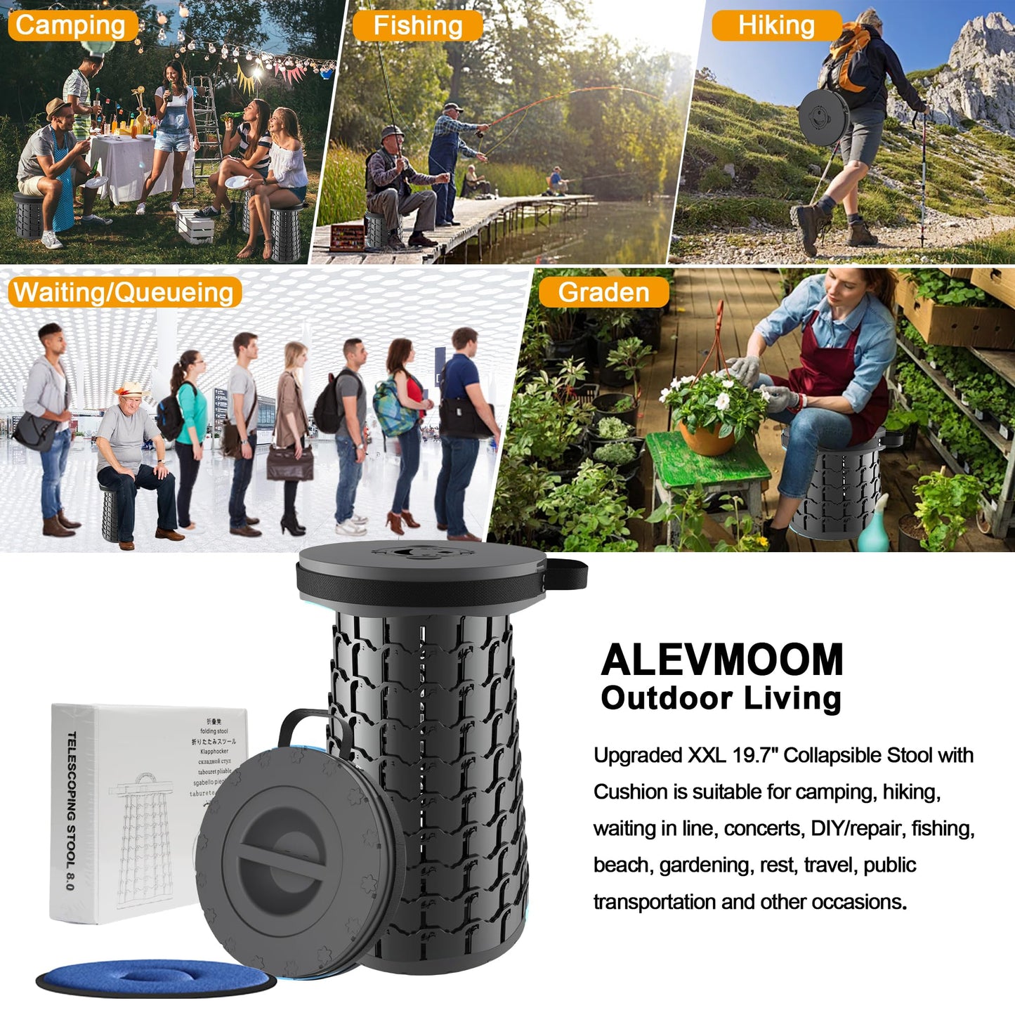 ALEVMOOM Upgraded XXL 19.7" Collapsible Stool, Heavy Duty Portable Folding Stool Max Load 1000 lbs, Retractable Telescoping Foldable Seat for Camping Fishing Hiking Travel BBQ