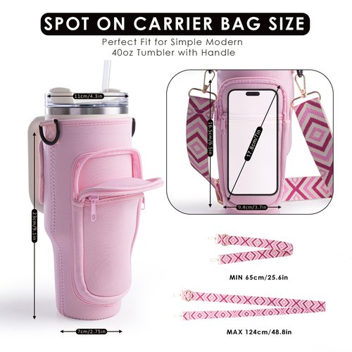 Viva Terry Water Bottle Carrier Bag with Phone and Cards Pockets 40/30oz Tumblers Water Bottle Holder with Adjustable Strap - Ideal Fit for Stanley Cup(Pink)