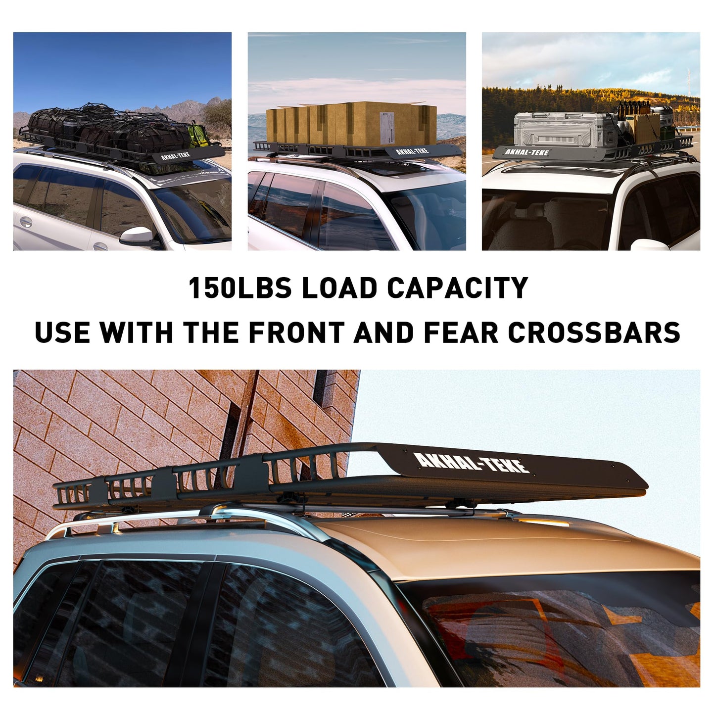 AKHAL-TEKE Roof Rack Basket, Upgraded 84"x 39"x 4" Roof Rack Cargo Carrier with 4' X 6' Super Duty Bungee Cargo Net, 2 pcs Ratchet Strap Fits for SUV Truck Cars