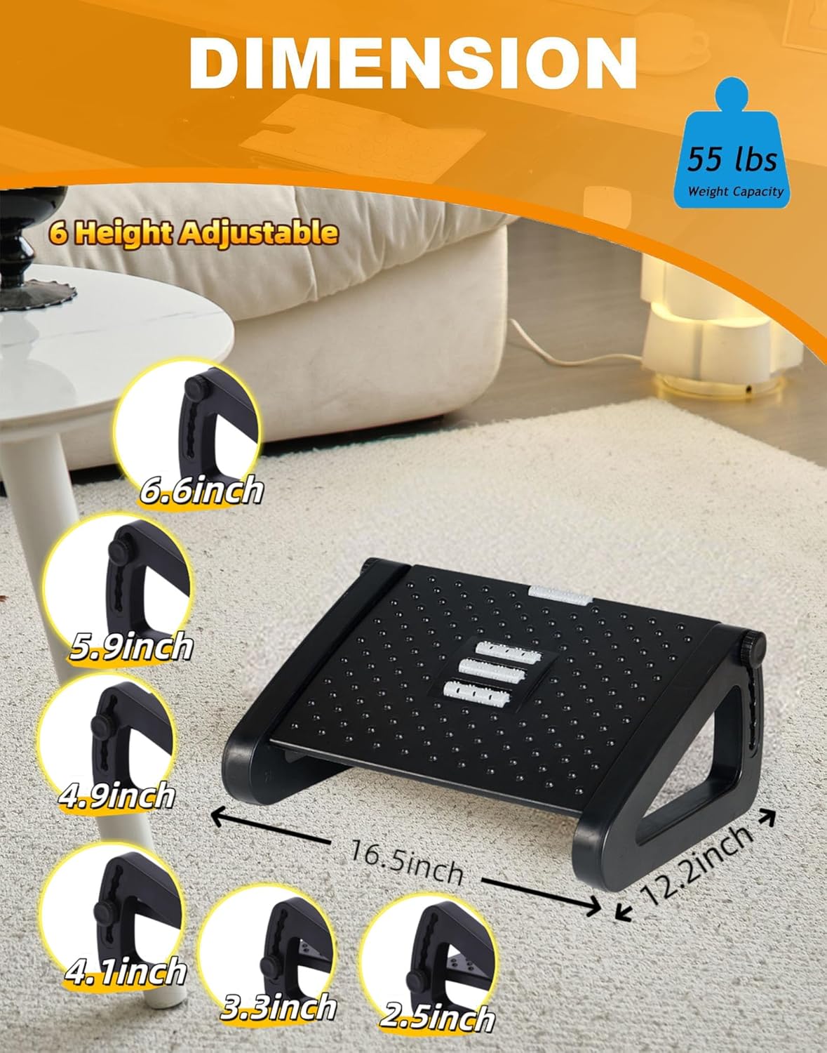 Foot Rest for Under Desk at Work, Ergonomic 6 Heights Adjustable Footrest with Massage Roller, Portable Under Desk Foot Stool for Home,Office, Black