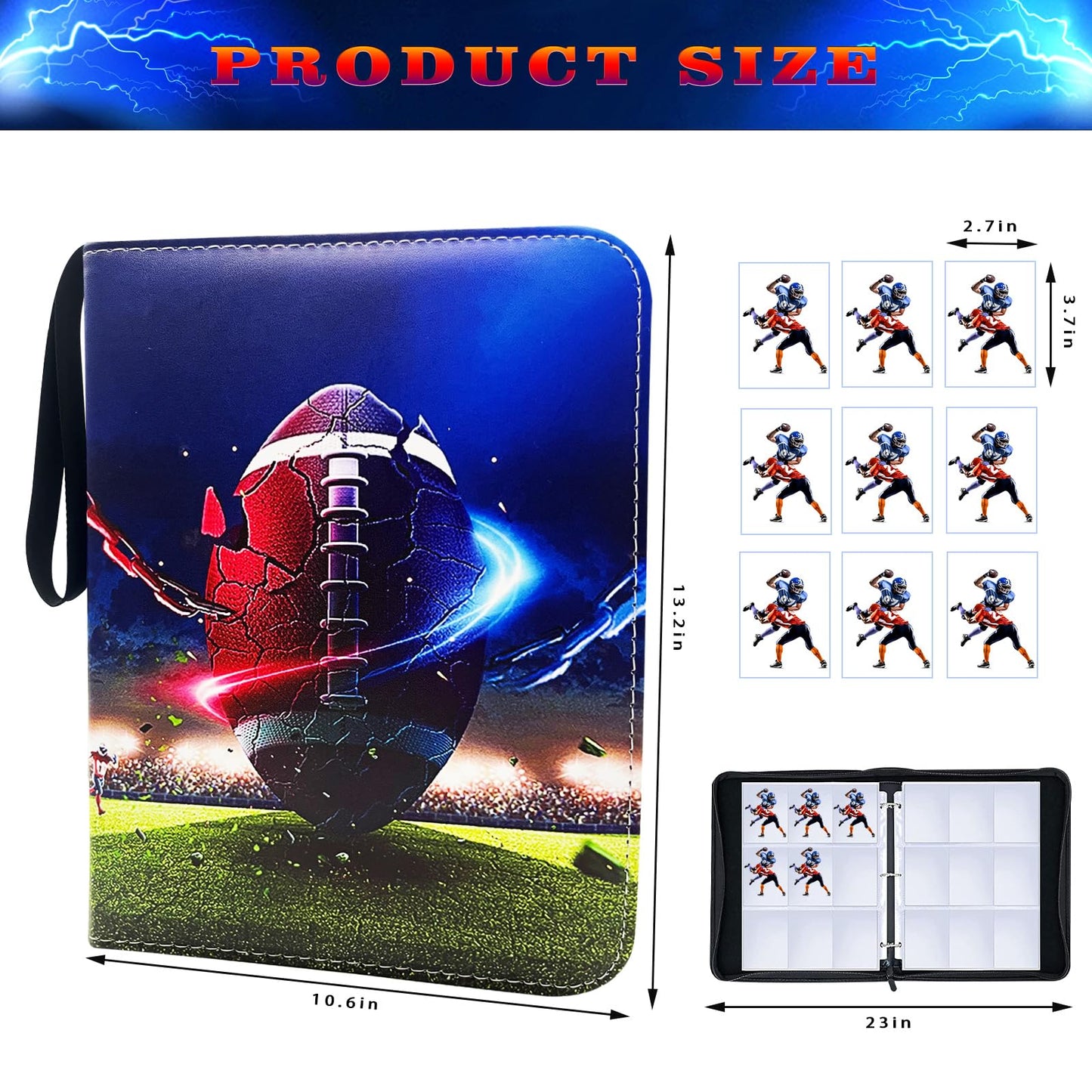 900 Cards Football Card Binder, 9-Pocket Card Collections Trading Card Binder 50 Pages Double-Sided Cards Holder with Zipper 3-Ring Card Album for Sports Football Card Sleeves Protectors