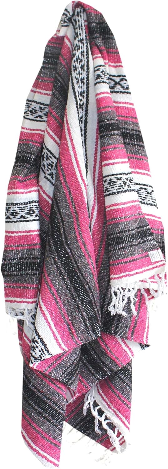Authentic Del Mex Large Mexican Blanket - Woven Falsa Throw (70"x50") for Beach, Yoga & Outdoor Decor - Pink/Tan