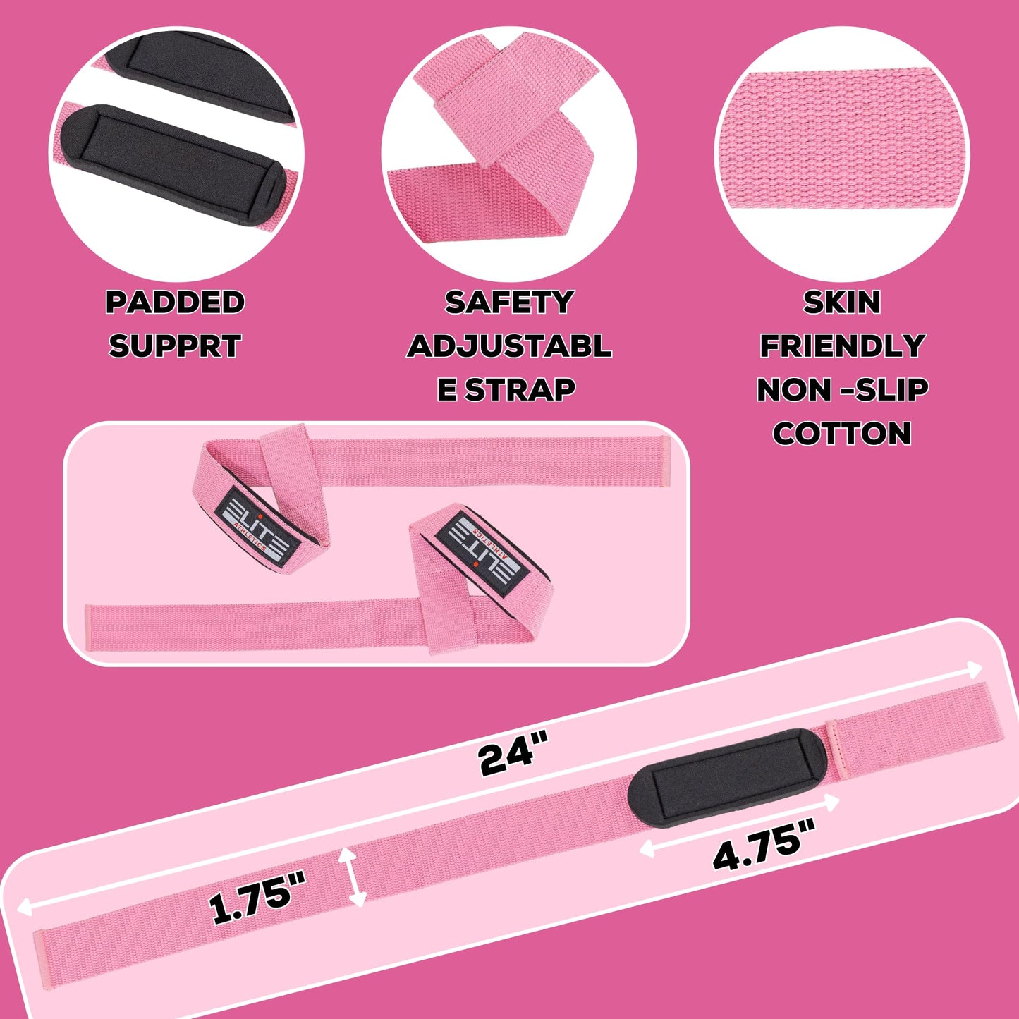 Elite Athletics Ankle Strap for Cable Machine Attachment, Gym Ankle Cuff for Cable Kickback, plus Wrist Straps for Weightlifting and Carry Bag (pink)