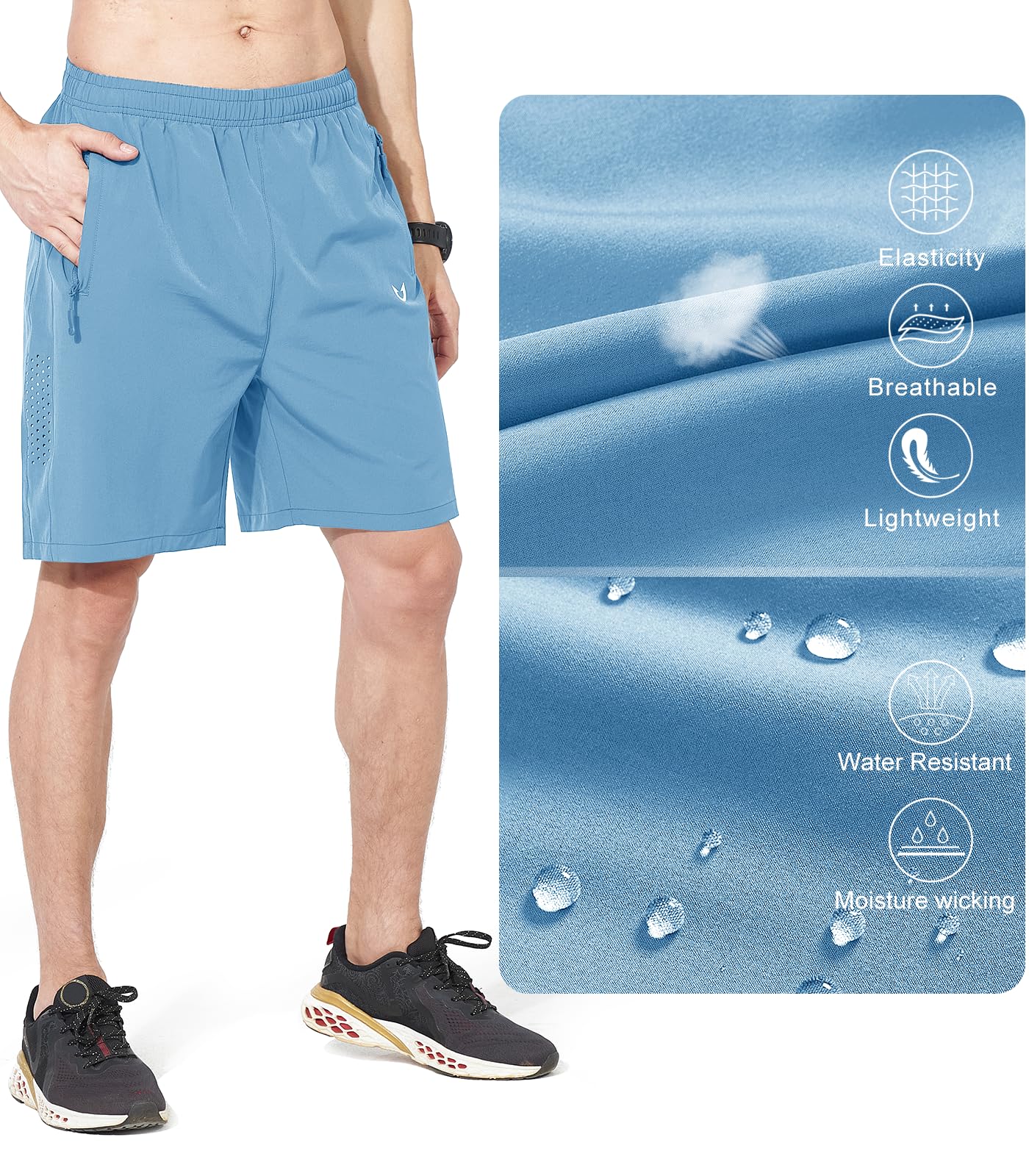 NORTHYARD Men's Athletic Running Shorts Gym Workout 7"/9"/5" Quick Dry Lightweight Sports Basketball Tennis 3 Zipper Pockets SkyBlue 3XL