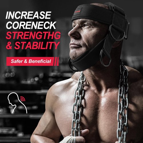 WKWE Neck Harness for Increases Neck Core Strength - Neck Exerciser with 30" Heavy Duty Steel Chain for Safely Lifting Weights Up to 280 lbs, Adjustable Head with Nylon Tether and 2 Carabiners Manually-operated exercise equipment