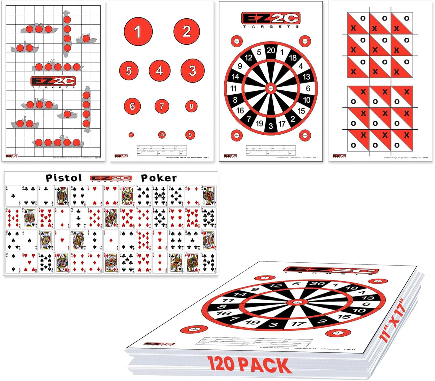 5 Style Gun and Rifle Paper Targets Bundle Pack for Shooting by EZ2C ~ Highly Visible and Bright Game Target ~ for Gun Range or Outdoor Use ~ 11" x 17"