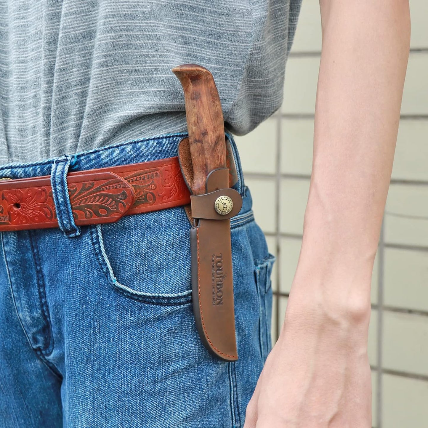 TOURBON Brown Leather Fixed Blade Knife Sheath with Snap Closure