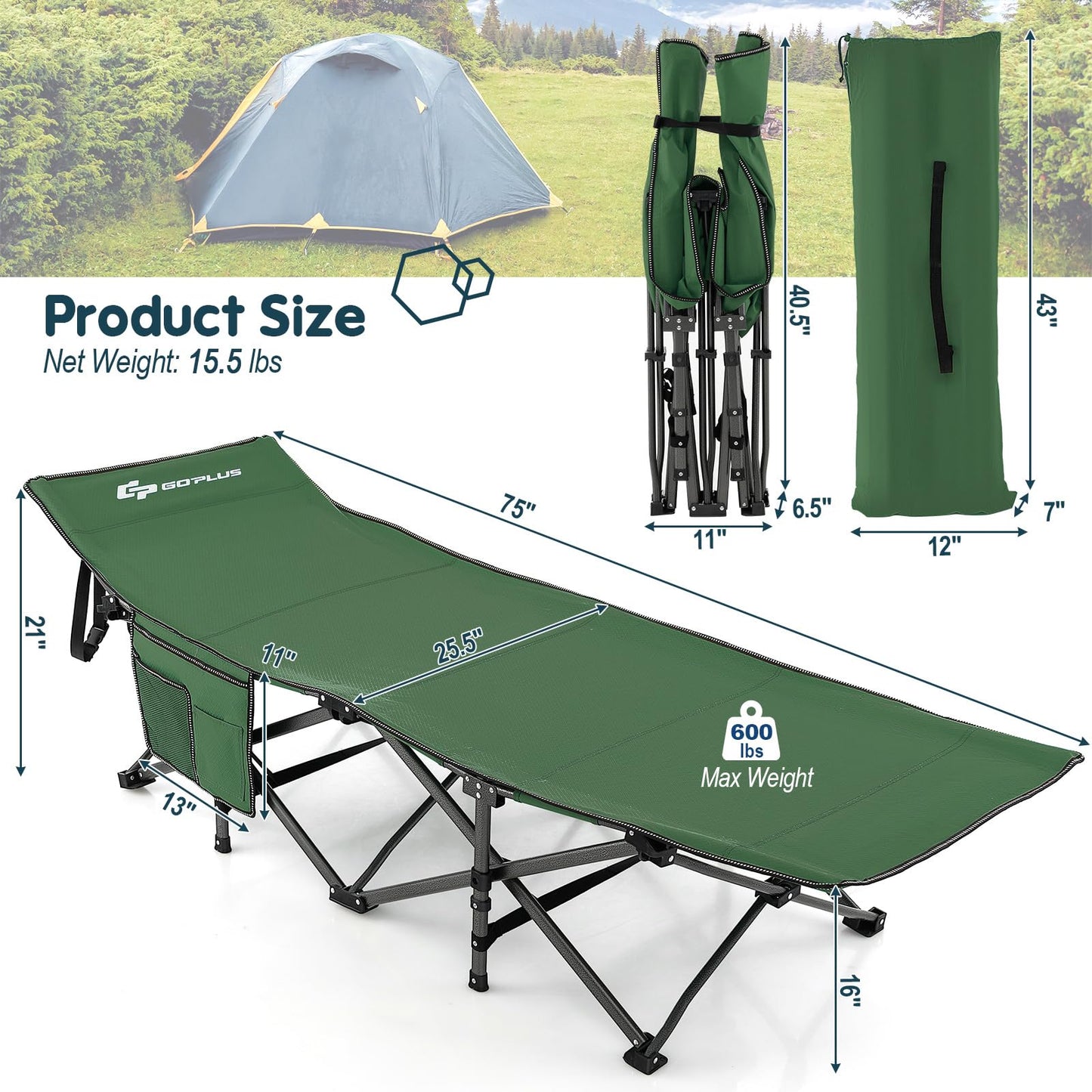 Goplus Folding Camping Cot, 27.5" Sleeping Cot for Adults with Carry Bag, 600LBS Weight Capacity, Slanted Head, Side Pocket, Heavy Duty Portable Camping Bed for Kids, Beach, Office Snap (Green)