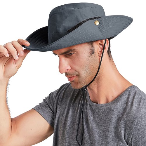 Men's Sun Hat Summer Outdoor UV Protection Mesh Wide Brim Bucket Hats Waterproof Packable Boonie Safari Fishing Cap for Hunting Hiking Camping Gardening Beach Dark Grey