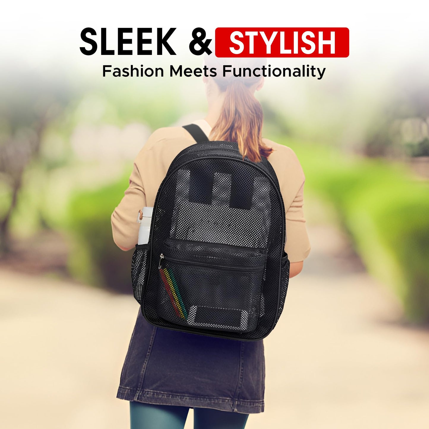 A CENTER Mesh Backpack,See Through Backpack with Padded Shoulder Straps for Work,Travel, Security, Swimming and Beach - Grey/Turquoise/Sweet Coral