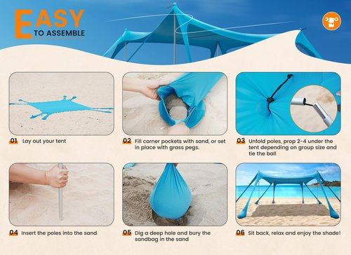 Beach Tent Sun Shelter, Portable Sun Canopy UPF50+ Outdoor Shade with 4 Stability Poles and 8 Sandbags, 10 x 10ft, Sand Shovel, Ground Pegs and Carry Bag for Beach, Camping, Fishing, Picnics
