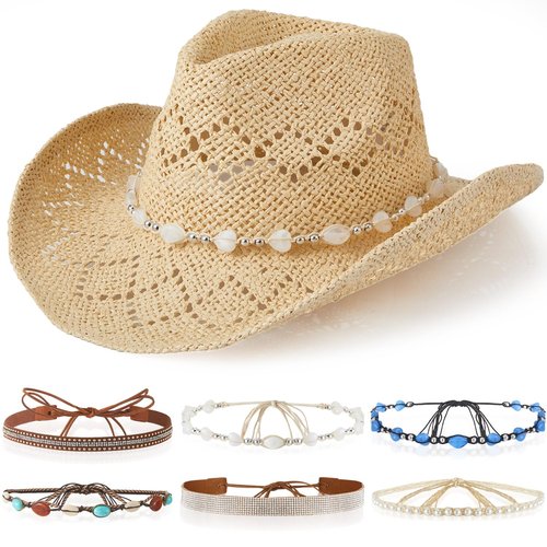 Cutecrop Felt Cowboy Hat for Women Men with 6 Replacement Hat Belts Wide Brim Western Hat for Party(Stylish) Beige