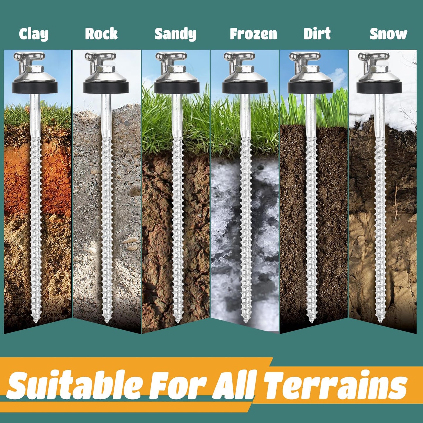 4 Pcs 10" Drillable Tent Stakes, Long Hook Top Packs Tent Stakes, Heavy Duty Hardened Steel Ground Pegs for Grassland Garden Tents Canopies Awnings Camping Travel (Hex Tool and Storage Bag)